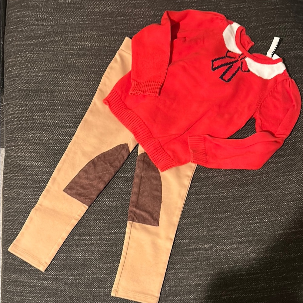 Janie and Jack size 5 Red sweater with tan riding pants